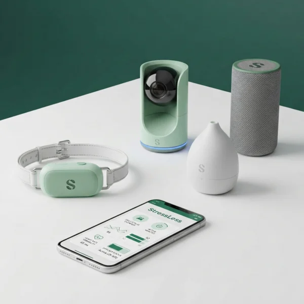 StressLess kit — biometric collar, camera, diffuser, and app (concept rendering)